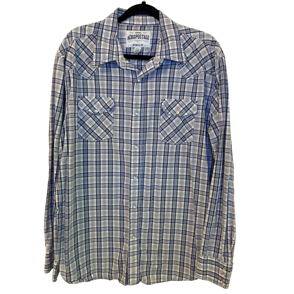 Vintage Aeropostale Blue Plaid Long Sleeve Western Pearl Snap Cotton Shirt Lg